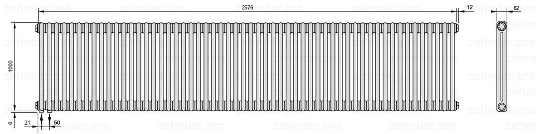 Схема (чертеж) Радиатор Zehnder Charleston 2100/56 №3370 Белый глянцевый RAL 9016